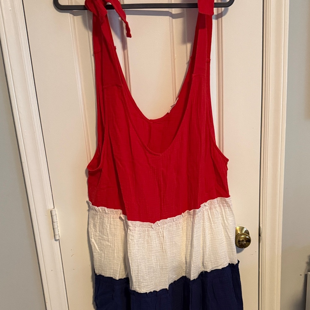 Red White Navy Colorblock Sleeveless Tiered Top with Bows